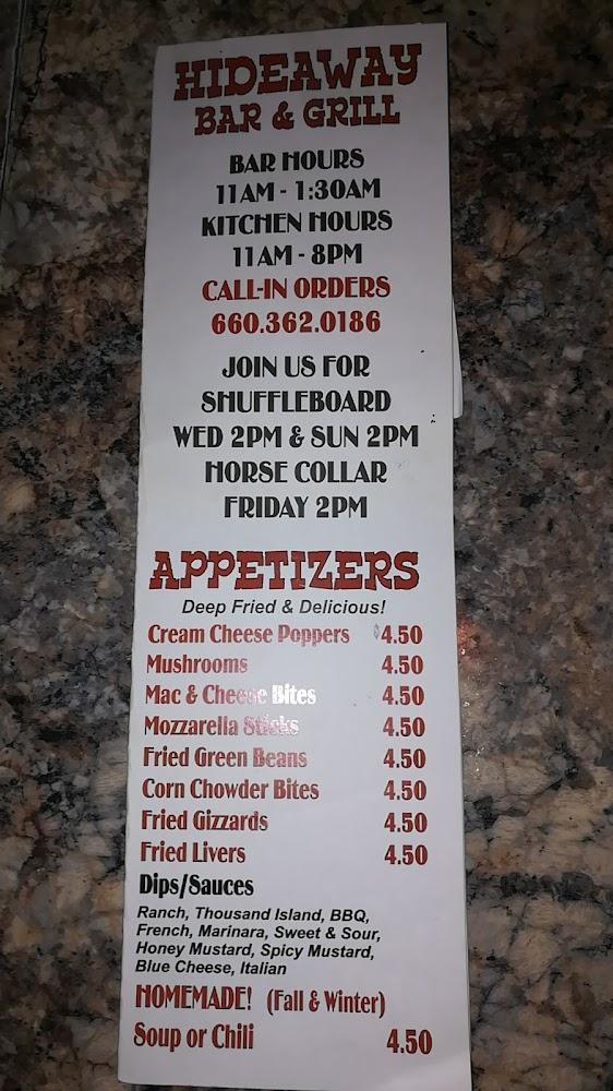 The Hideaway Warrensburg Missouri Menu image 2